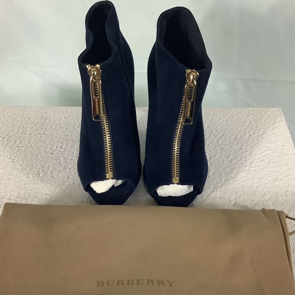 Burberry Navy Blue Suede Peep Toe Front Zip Ankle Boots Gold Hardware Size 36